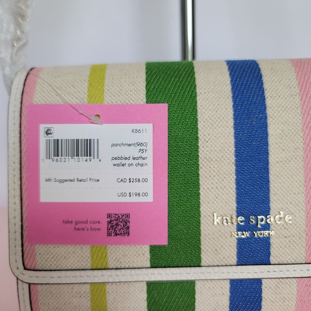 KATE SPADE Bradley Striped Canvas & Leather Large Wallet on Chain Crossbody ⭐ - Picture 14 of 16
